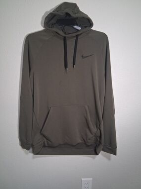 Nike Olive Green Men's Hoodie with Black Drawstrings